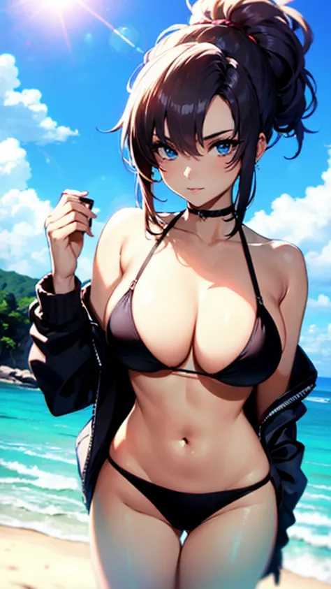 Anime girl with black ponytail,In a black string bikini,beach