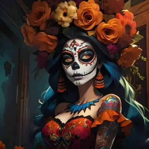 alto detalle, mejor calidad, high resolution, ultra realista, obra maestra, mujer, catrina, cara pintada de calavera, flores en ...