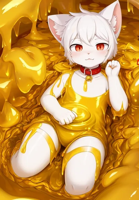 (best quality,4K,8k,high resolution,masterpiece:1.2),Super detailed,A male white cat wearing a diaper,collar,red pupils,cat ears,cat nose,Soak in golden slime,into the slime,Thighs covered with golden mucus,Golden Slime