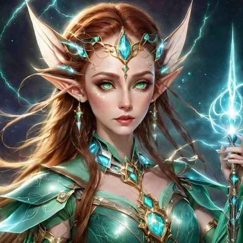 portrait of a female elf，combining elements of the magical world and futuristic machinery，emphasizing her charming and supreme b...