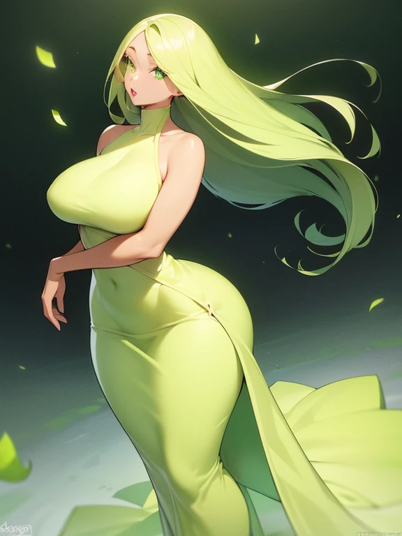 (((Light Skin Woman))),(((Light green, long hair without bangs))),(((curvy body))),(((Lime green eyes))),(((Alone))),(((beautiful dress))),(((Alone)))