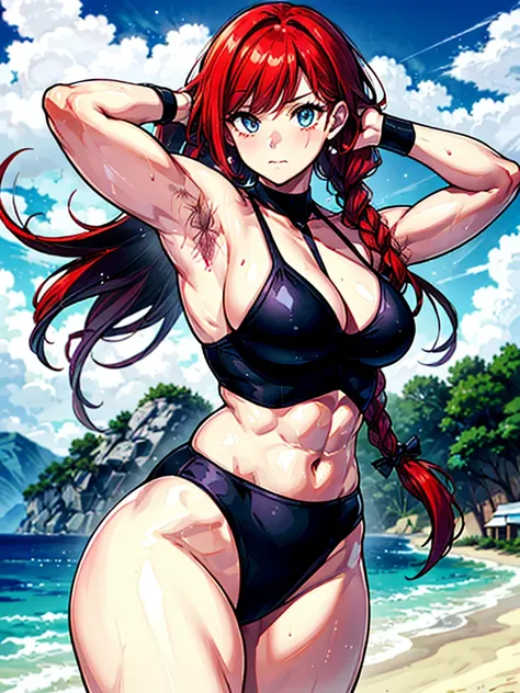 （（（masterpiece、Highest image quality、highest quality、highly detailed unity 8ｋwallpaper）））、（（Illustration of one girl））、（（（beautiful girl）））、（（red hair、Braid、sidelocks：1.2、blue eyes））、（（（stocky build：1.5, thickset physique：1.6, muscular legs, broad shoulder...