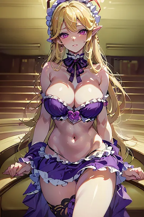 (masterpiece, best quality),best quality, (ultra-detailed), (3heads:1.4), 1girl, (yakumo yukari:1.3), masterpiece, best quality, purple top, crop top, ((stomach)), midriff, ((groin)), pruple skirt, frilled skirt, normal ears, shackles, blonde hair, very lo...