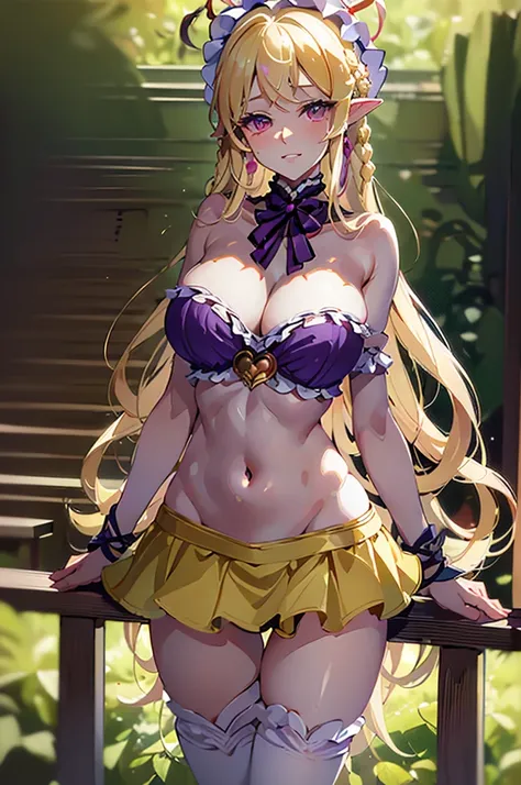 (masterpiece, best quality),best quality, (ultra-detailed), (3heads:1.4), 1girl, (yakumo yukari:1.3), masterpiece, best quality, purple top, crop top, ((stomach)), midriff, ((groin)), pruple skirt, frilled skirt, normal ears, shackles, blonde hair, very lo...