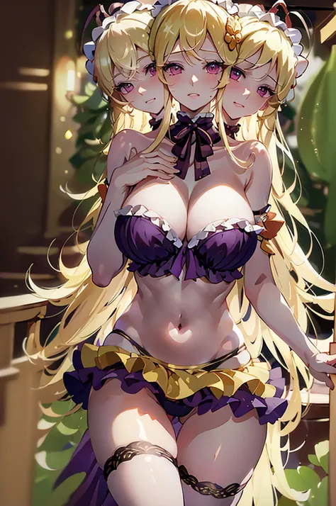 (masterpiece, best quality),best quality, (ultra-detailed), (3heads:1.4), 1girl, (yakumo yukari:1.3), masterpiece, best quality, purple top, crop top, ((stomach)), midriff, ((groin)), pruple skirt, frilled skirt, normal ears, shackles, blonde hair, very lo...