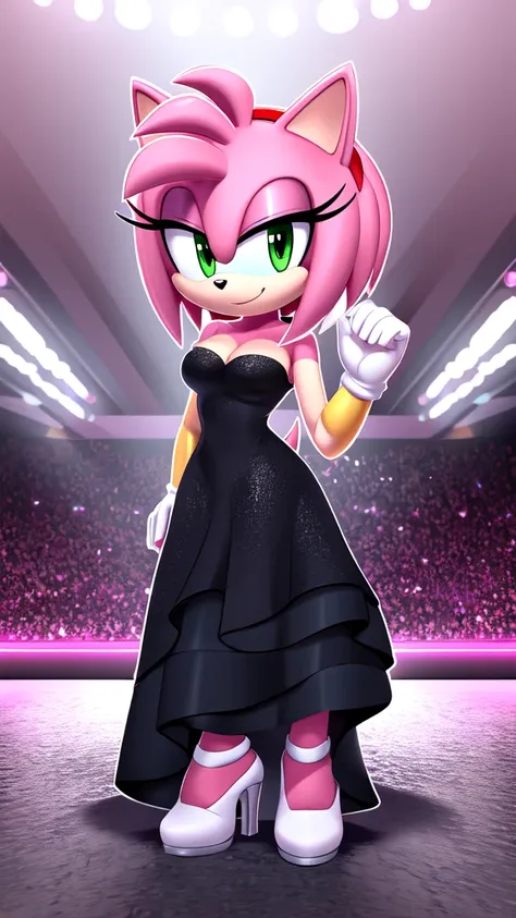 amy rose in a long black dress, medium breast, blackdr3ss, standing up, white high heels shoes, 2d illustration, ballroom backgr...