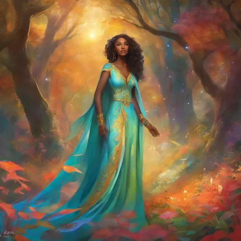 middle-aged woman, standing in a mystical forest, surreal illustrations, vibrant colors, enchanting atmosphere, dreamlike lighting, best quality, ultra-detailed, fine details of the womans face and hair, flowing dress, magical elements intertwined with nat...