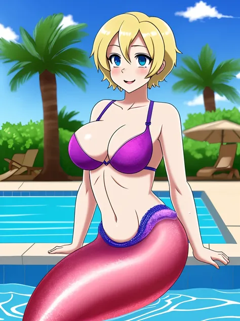 crossdressing, anime, tall, mature, beauty, flat chest, short hair, blonde hair, blue eyes, bra on Breasts, mermaid, water, pool,