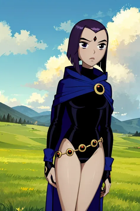 masterpiece, best quality, 1girl, rachelroth, purple hair, short hair, purple eyes, (grey skin), (colored skin), forehead jewel, leotard, belt, cape, closed mouth, standing, solo,  solo, blue sky, cloud, grass, meadow background 