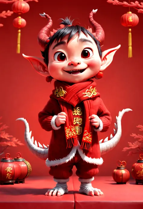 A Chinese little Elf, cute red Chinese dragon, Pixar style, red sweaters, tying red woolen scarf around their necks, performing congratulatory gesture. red festive background, Chinese elements, welcoming new year, octane render, (best quality, masterpiece,...