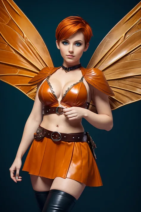 25 year old european woman with short pixie undercut deep orange hair dressed in a fairy outfit with leather miniskirt, cleavage, belt, wings. Blue eyes with eye liner. Neutral background