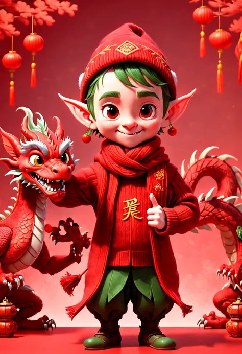 A cute Elf and a red Orient dragon, Pixar style, red sweaters, red woolen scarf, performing congratulatory gesture. red festive background, Chinese elements, welcoming new year, octane render, (best quality, masterpiece, Representative work, official art, ...