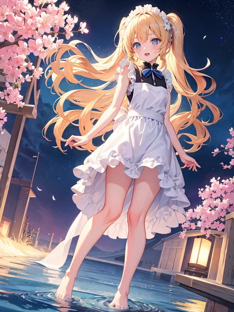 Girl Standing On Water、blonde、Wavy Hair、blue eyes、semi-long、apron dress、beautiful eyes、Sparkling、Standing Girl、one girl、１４age、Beautiful scenery、moonlight、big moon in the background、high resolution、night view、The Lost City、long hair、barefoot、whole body、A bl...