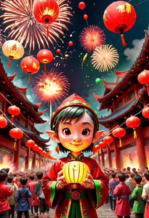 a cute Elf, festival, chinese clothes, east asian architecture, fireworks, paper lantern, crowd, octane render, (best quality, masterpiece, Representative work, official art, Professional, 8k:1.3)