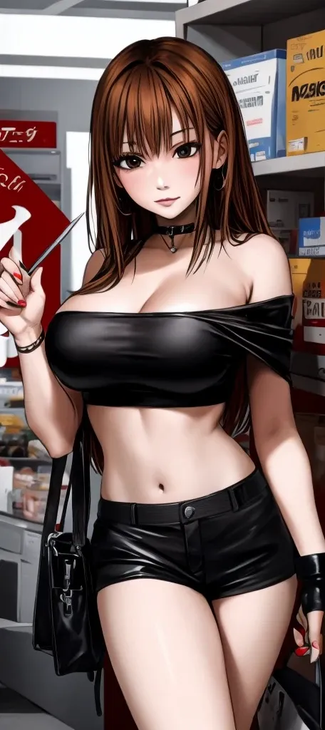 A beautiful adult woman with shoulder-length big breasts, beautiful legs, and a sharp face is wearing a black navel-baring tube top and black panty-like hot pants, with her butt facing me from behind, in a supermarket. standing。