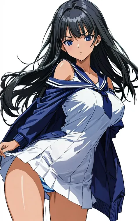 A beautiful woman with shoulder-length black hair, big breasts, beautiful legs, and a sharp face is standing in a sailor suit with a white miniskirt, showing light blue and blue striped panties, and glaring at an elderly man in a suit.。