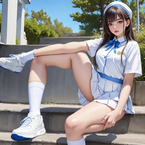 (masterpiece:1.4, highest quality), (intricate details), unity 8k wallpaper, Super detailed, masterpiece,girl, solo, shining eyes, white sneakers, uniform, mini skirt, white panties, white knee socks, masterpiece, highest quality, real,dynamic angle, lipst...