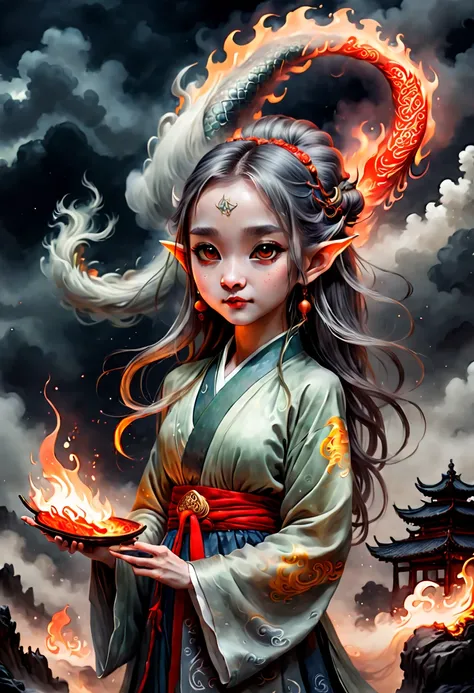 a cute Elf, hanfu, waves, very long hair, fine art parody, ink and wash style, misty clouds, ancient paintings, flames, Night scene, eastern dragon, octane render, (best quality, masterpiece, Representative work, official art, Professional, 8k:1.3)