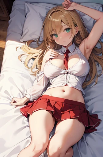 nsfw,woman,white blouse,(red mini skirt),green eyes,blonde,straight long hair,embarrassed face,small breasts,Sweat,((heavy breathing)),(the girl is shaking so much),((bed lying)),((full body))