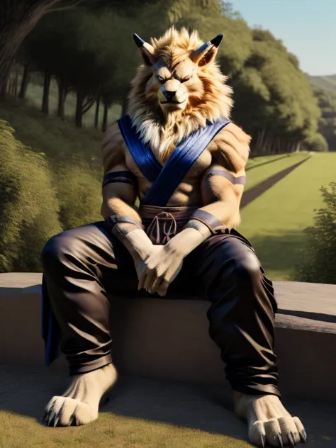 a majestic leomon, hypnotized and barefoot, sits in the midst of nature, its long pants and black kimono contrasting against the...