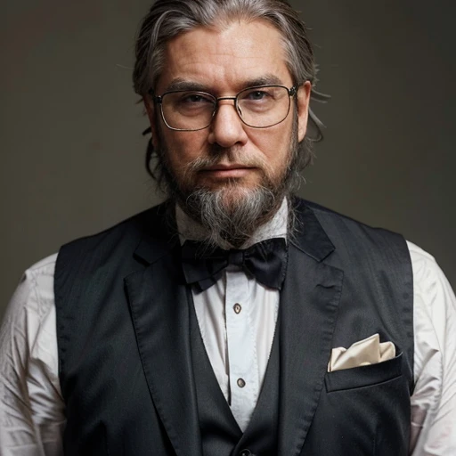 Old man ,With big messy gray hair , With a big voluminous beard, with elderly glasses in formal clothes and a vest with tie,With gray hair and beard,