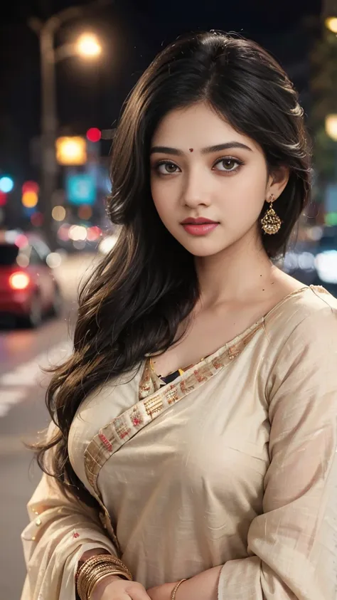 (((desi girl))), chubby face, natural skin, wearing hot deep neck top and dupatta, charming black hair, ((hair ends are blonde))...