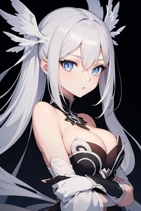 1girl, anime, cute girl, blank background, white background, fantasy, detailed dark fantasy dress with highlights, beautiful face, beautiful eyes, dark colors, silver hair, slightly small breasts, slight cleavage, beautiful skin, cute, breast curtains, ext...