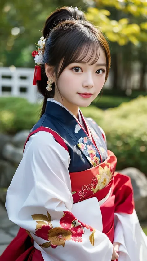 （master piece、Highest image quality、Raw photo、realistically）、Japanese woman wearing traditional Chinese costume、detailed face、detailed limbs、Dynamic angle of view、ponytail hair