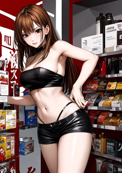 A beautiful adult woman with shoulder-length big breasts, beautiful legs, and a sharp face is wearing a black navel-baring tube top and black panty-like hot pants, with her butt facing me from behind, in a supermarket. standing。