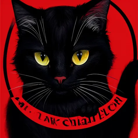 Black cat  circular logo design, graphic design, drawing in bright red  color,bright red background 