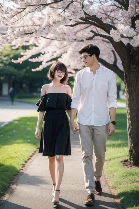 26-year-old male with crew cut，26-year-old female with shoulder-length curly hair and bangs，All wear glasses，Walking hand in hand on the cherry blossom road，There  grass next to it