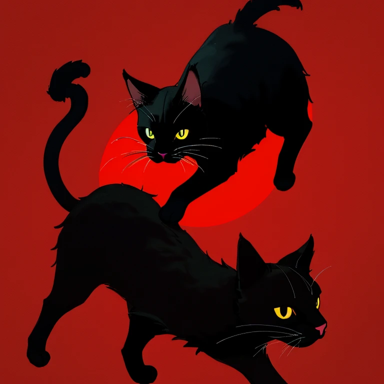 Black cat  circular logo design, graphic design, drawing in bright red  color,bright red background 