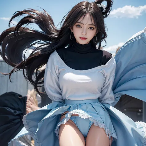 Female, 20 years old, short black wavy hair、bangss、Puffy nipple、(White Turtleneck Knit)、(Blue long skirt), Black stockingedium milk, cute smile face、((Poses that emphasize the buttocks、turned around))、sexy hiplack High Heelig necklace、((((the wind blew my ...