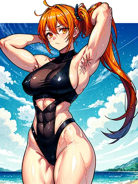 （（（masterpiece、Highest image quality、highest quality、highly detailed unity 8ｋwallpaper）））、（（Illustration of one girl））、（（（beautiful girl）））、（（orange hair、side ponytail、sidelocks：1.4、orange eyes））、（（（stocky build：1.5, thickset physique：1.6, muscular legs, b...