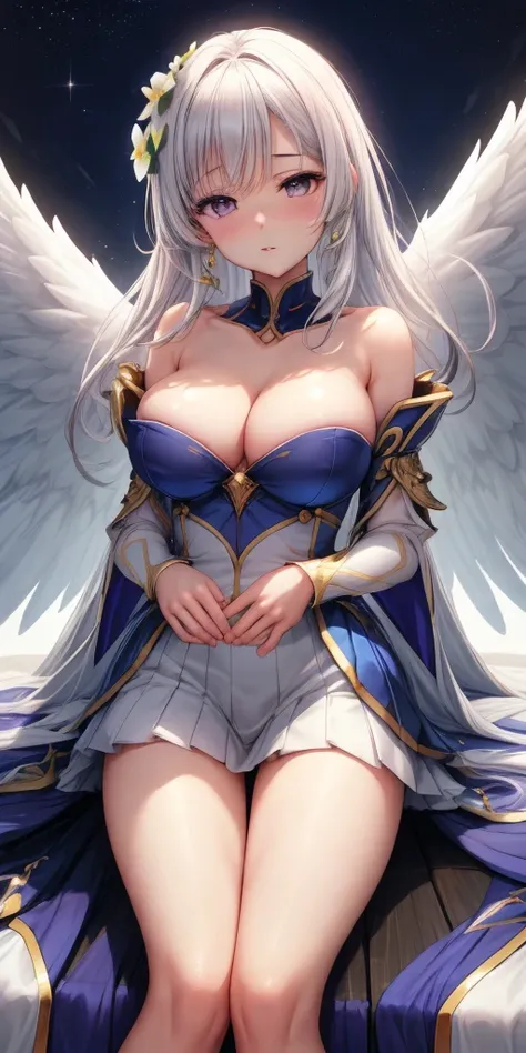 「best quality:1.2、highres、Super detailed、Realistic:1.37,1 girl、white hair、sparkling eyes、cropped top、skirt、Detailed outfit that shows your style、big breasts(size F)、Realisticな特徴を持つ22歳の美しい女性、parted lips、blush、night、flower、sun、sunlight、Bright colors、soft lig...