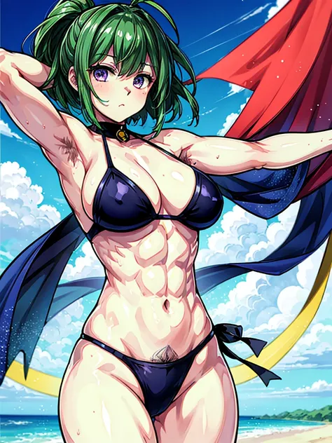 （（（masterpiece、Highest image quality、highest quality、highly detailed unity 8ｋwallpaper）））、（（Illustration of one girl））、（（（beautiful girl）））、（（green hair、very short hair：1.6、sidelocks、purple eyes））、（stocky build, thickset physique, muscular legs：1.5, broad ...