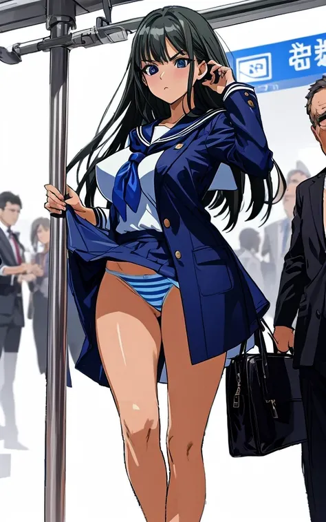 A beautiful woman with long, shoulder-length black hair, big breasts, beautiful legs, and a sharp face is wearing a sailor uniform with a white miniskirt, showing light blue and blue striped panties, and glaring at a middle-aged man in a suit on a crowded ...