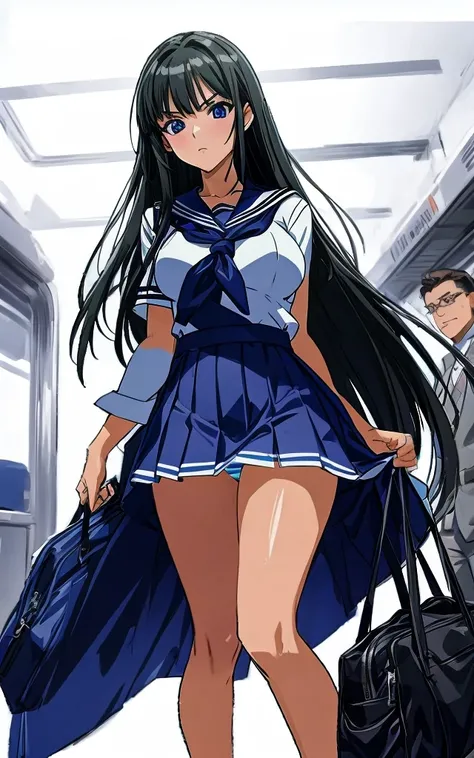 A beautiful woman with long, shoulder-length black hair, big breasts, beautiful legs, and a sharp face is wearing a sailor uniform with a white miniskirt, showing light blue and blue striped panties, and glaring at a middle-aged man in a suit on a crowded ...