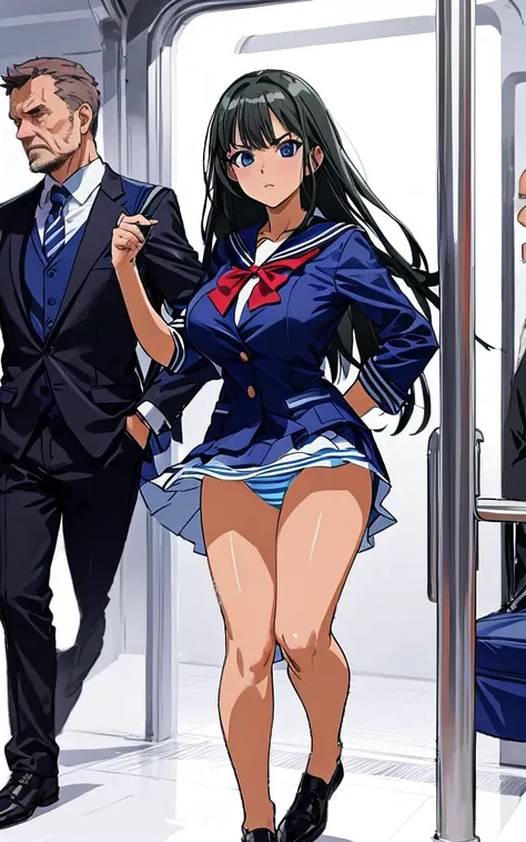 A beautiful woman with long, shoulder-length black hair, big breasts, beautiful legs, and a sharp face is wearing a sailor uniform with a white miniskirt, showing light blue and blue striped panties, and glaring at a middle-aged man in a suit on a crowded ...