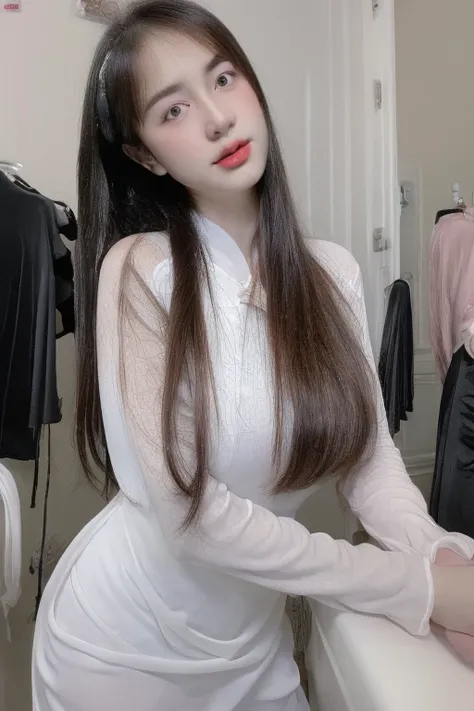 (realistic, high resolution:1.3), 1 girl with perfect figure, ((pale white skin:1.3)) ,(gigantic breasts:1.3), looking at viewers, super fine face and eyes, long hair, (((aodai: 1.3))) , in bedroom, sit on the bed, , exposed cleavage, upper body, half body