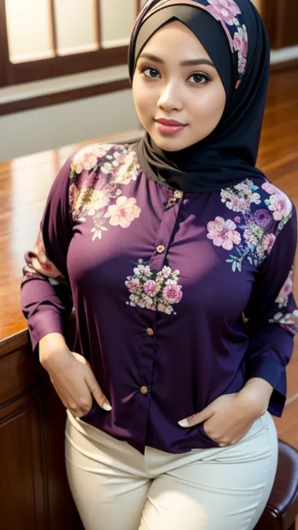 Close up),RAW, Best quality, high resolution, masterpiece: 1.3), Beautiful Malay woman in hijab,perfect fit body, big breast,sthick thighs,big beautiful eyes, Soft smile, beautiful face,very beutifull face,lip glosy, watery eyes, close up of a woman wearin...