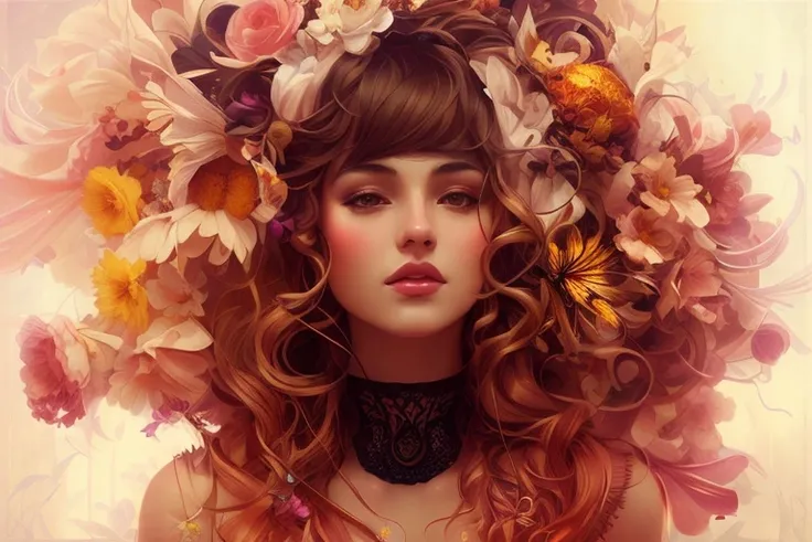 There is a woman wearing a flower crown on her head., amazing digital illustrations, beautiful digital artwork, beautiful digital illustrations, amazing digital art, complicated fuss, exquisite digital illustration, Karol Bak Oud, james jean and wlop, surr...