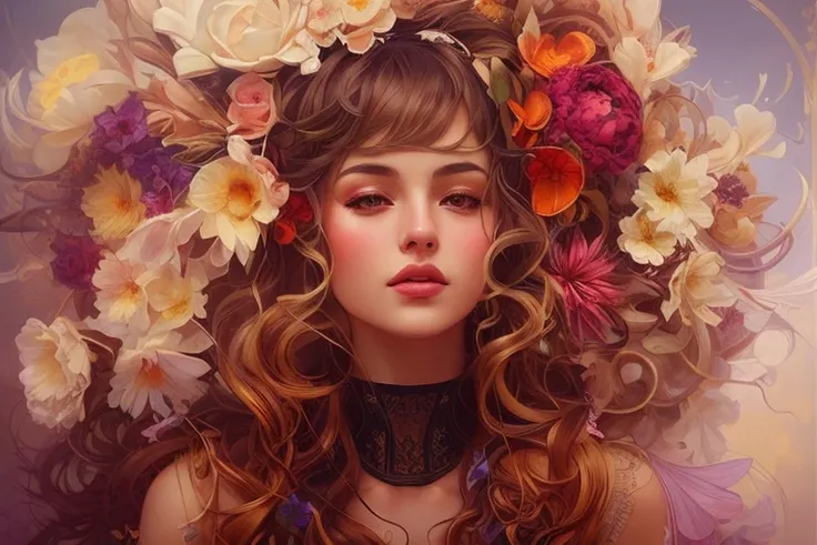 There is a woman wearing a flower crown on her head., amazing digital illustrations, beautiful digital artwork, beautiful digital illustrations, amazing digital art, complicated fuss, exquisite digital illustration, Karol Bak Oud, james jean and wlop, surr...