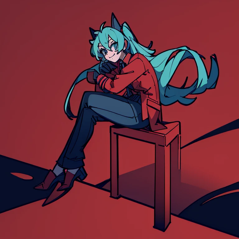 ((highest quality, 8K, masterpiece: 1.3)), 1 girl, hatsune miku, long hair, Double-tailed, Black sunglasses, single, moon, sitting, black tie, blue hair, black pants, , red jacket, smile, black gloves, red jacket, Red suit, formal, long hair, Aqua Green Ha...