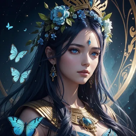 There is a woman wearing a flower crown on her head., Karol Bak Oud,Shining blue butterflies all around、Mysterious universe in the background、Up to the upper body、 4K high-definition digital art, goddess. very high detail, fantasy art, beautiful digital ar...