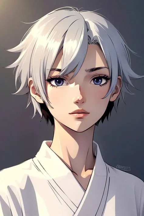 anime characters　Mens women　short hair　tall　　　　　neutral facial features　silver hair　medium breasts　Japanese clothing　kimono　anime illustration　one person　2D　handsome girl　anime style　high nose