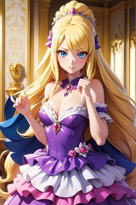 silk rococo dress,villain,noble、blonde blue eyes,A little more adult、long blonde hair,glamorous，Precure,gorgeous details