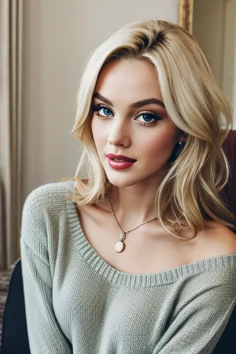 1girl in, age19, maryline monroe face, Solo, Long hair, Colossal tits, Looking at Viewer, blondehair, Bare shoulders, Brown eyes, jewely, Full body, a necklace, off shoulders, pink lace Sweaters, Realistic, A sexy