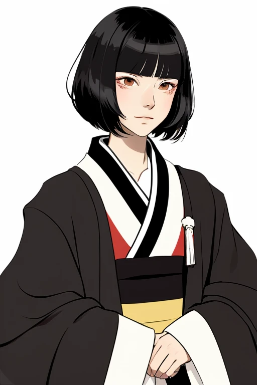 anime illustration　Cross-dressing men　tall　neutral facial features　shiny black hair　kimono　Japanese clothing　bob cut　sharp eyes　2d character