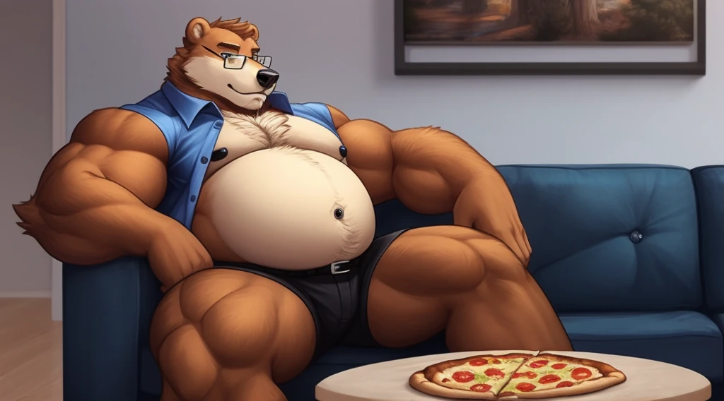 Anthro furry bear with glasses eating pizza, has a muscular build with round belly, sexy daddy, button shirt open up, sitting down on his couch